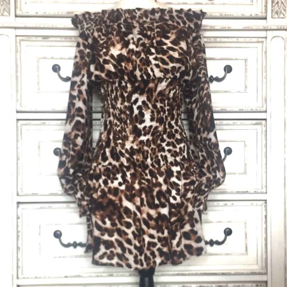 Gorgeous Off the Shoulder Boho Leopard Print Dress by Venus